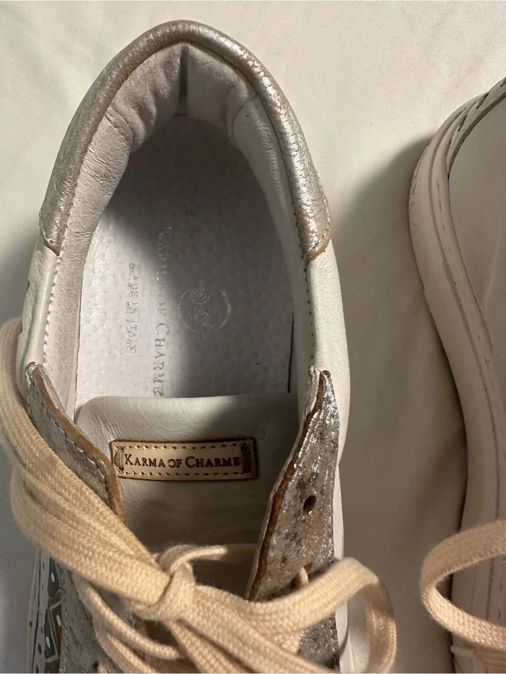 Karma of Charme Italian Leather Sneakers White Silver Blue Geometric Shoes EU 38